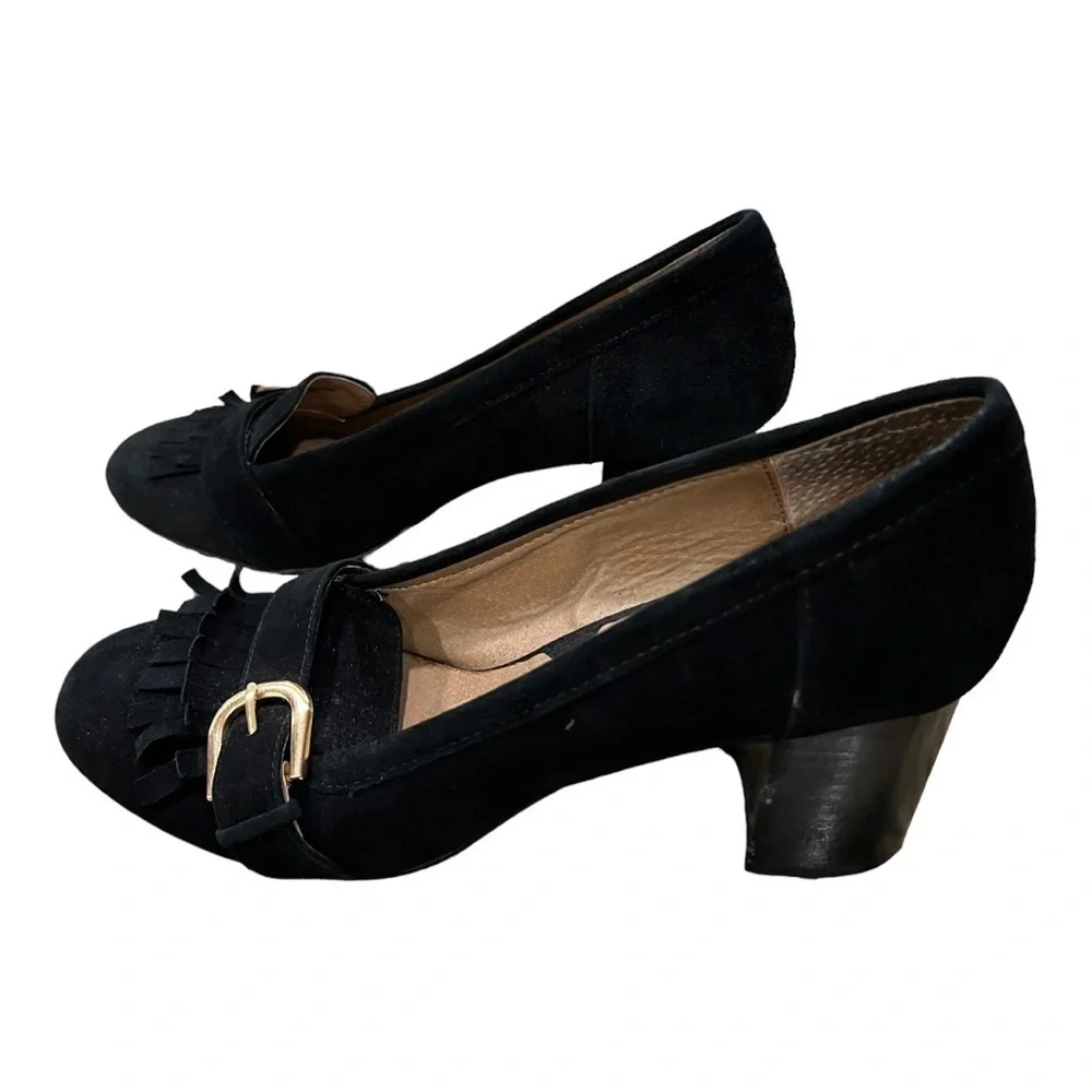 Adrienne Vittadini Black Suede Ginty Pumps Size 10 Block Heel Loafer Buckle